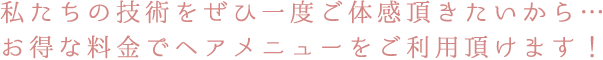 私たちの技術をぜひ一度ご体感頂きたいから…お得な料金でヘアメニューをご利用頂けます！